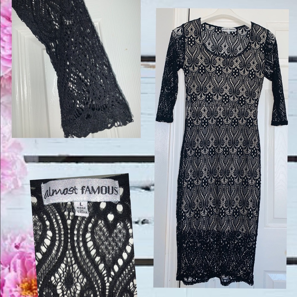 Almost Famous Black Midi Dress with Tan Silk slip
